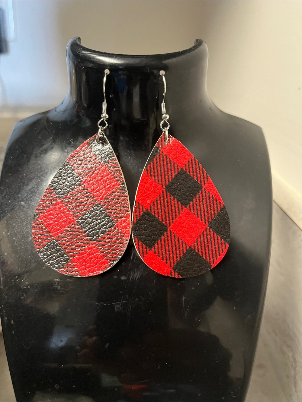 Red and Black Buffalo Plaid Teardrop Earrings